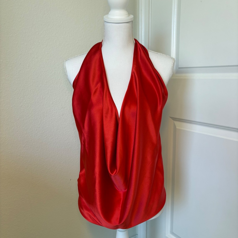 Ramy Brook Red Harriet Multi-Way Silk Halter Top Small S/P Satin Drape Neck - Picture 2 of 10